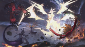 Ilustración de Ultra-Necrozma contra otros Pokémon legendarios.