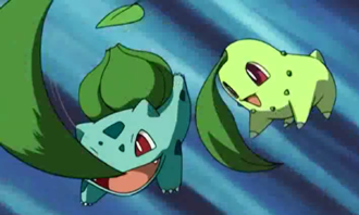 Bulbasaur y Chikorita usando hoja afilada.