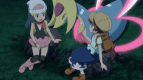 Chloe y Dawn/Maya junto a Cresselia.