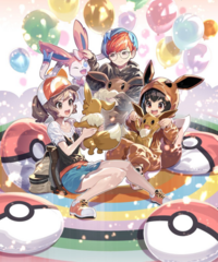 Artwork de Noa, Elaine y Eva en Pokémon Masters EX.