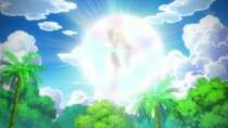 Meloetta usando canto lírico/canto arcaico. Empieza a cantar emitiendo una brillante luz...