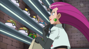 Jessie junto a varios tipos de Pokébolas/Poké Balls.