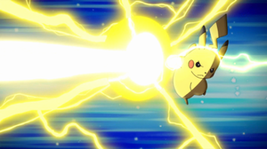 Pikachu de Ash usando gigavoltio destructor en un flashback del EP952: ¡Superar a un dominante!/¡Derrotar al Pokémon dominante!.