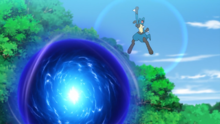 Lucario de Ash usando esfera aural.