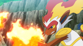 Infernape de Ash usando puño fuego.