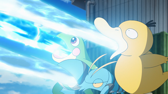 Psyduck y Clauncher usando de Misty pistola agua.