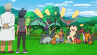 Ash junto a sus Pokémon del laboratorio en la vigesimocuarta temporada.
