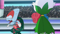 Tras volver al combate después de ser cambiado de Pokémon, el Roserade de Cynthia/Cintia se cura de las quemaduras gracias a cura natural.