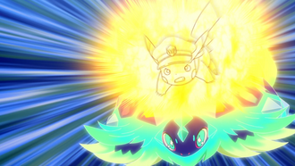 Capitán Pikachu usando Tacleada de Voltios/Placaje Eléctrico.
