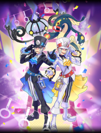 Artwork de Caril (Traje S) junto a Fero (Traje S) en Pokémon Masters EX.