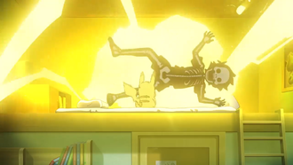 Pikachu de Ash usando atactrueno/rayo.