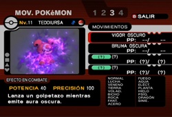 Los movimientos no oscuros que todavía no se pueden usar en Pokémon XD: Tempestad oscura aparecen como tipo (?).