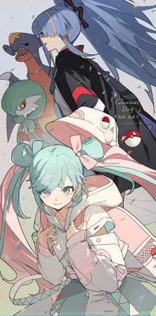 Poster de Miku protagonista, Gardevoir, Miku rival y Garchomp en Glorious Day.