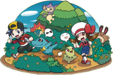 Eco y Lira con sus acompañantes Pokémon.