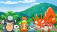 Totodile y su comunidad de Pokémon tipo agua del Laboratorio del profesor Oak.