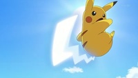 Pikachu de Ash usando cola férrea contra el Bunnelby de Clemont/Lem.