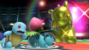 Squirtle junto a Ivysaur y Pikachu en el Estadio Pokémon.