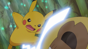Pikachu de Ash usando cola férrea.