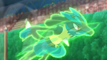 Lucario del profesor Kukui usando velocidad extrema.