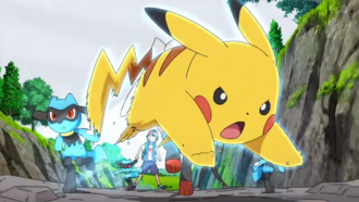 Pikachu de Ash usando ataque rápido.