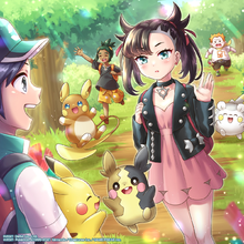 Artwork de Chris junto a Roxy, Tilo y Scottie en Pokémon Masters EX.