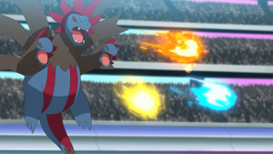 Hydreigon de Lance usando Triataque.