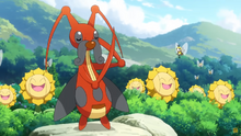 Varios Pokémon de tipo bicho y Tipo planta bailando tranquilos en el valle.