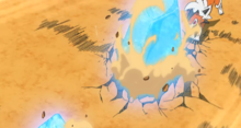 Lycanroc crepuscular de Ash usando roca afilada.
