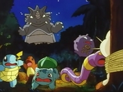 Los Pokémon huyendo del Rhydon mecánico.
