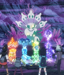 Foto de Liko, Rod, Doti y Amethio luchando contra el Zygarde de Gibeon mostrada en el EP1324.