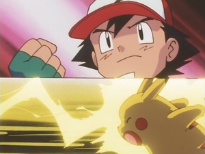 Pikachu de Ash usando impactrueno.