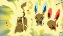 Pikachu, Plusle y Minun usando rayo.