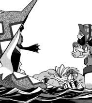 Tapu Fini recibiendo la baya Mirage y le entrega una piedra brillante a Hela.