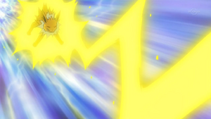 Jolteon de Volkner/Lectro (anime) usando Atactrueno/Rayo.