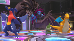 Garchomp, Hydreigon, Axew y Dragonite en la Liga Pokémon de Kalos.