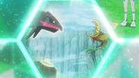 Rayquaza dándole a Flamariete el mensaje de Zygarde.
