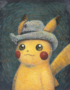 Ilustración de Pikachu inspirado por Autorretrato con sombrero de fieltro gris.