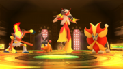 Infernape, Tepig, Blaziken y Pyroar en la Liga Pokémon de Kalos.