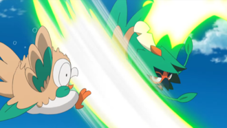 Decidueye usando hoja aguda