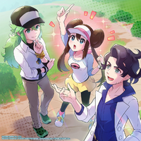 Artwork de Nanci junto N y Ciprés en Pokémon Masters EX.
