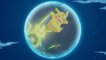 Pikachu de Ash usando bola voltio en un flashback del EP774.