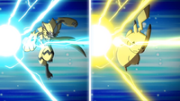 Pikachu y Zeraora usando gigavoltio destructor.