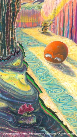 Ilustración de Voltorb de Hisui junto a Electabuzz al estilo de la pintura El grito de Edvard Munch.