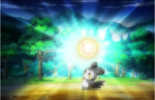Emolga de Iris preparando cambiavoltaje/voltiocambio.