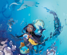 Ilustración de Cathy junto a varios Pokémon acuáticos.