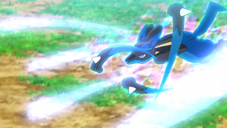 Lucario de Ash usando puño bala.