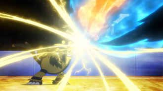 Electivire de Paul/Polo usando puño trueno en un flashback del EP657.