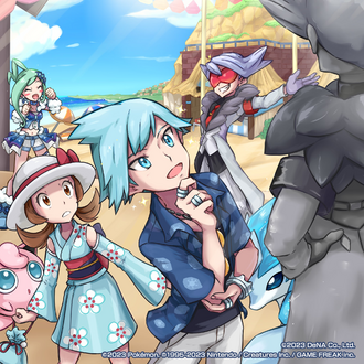 Artwork de Máximo junto a Lira, Ariana y Alik en Pokémon Masters EX.
