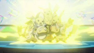 Pikachu normal y Pikachu coquetas usando rayo.
