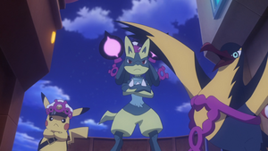 Capitán Pikachu, el Lucario y el Kilowattrel de Rod simulando a los compatrones.